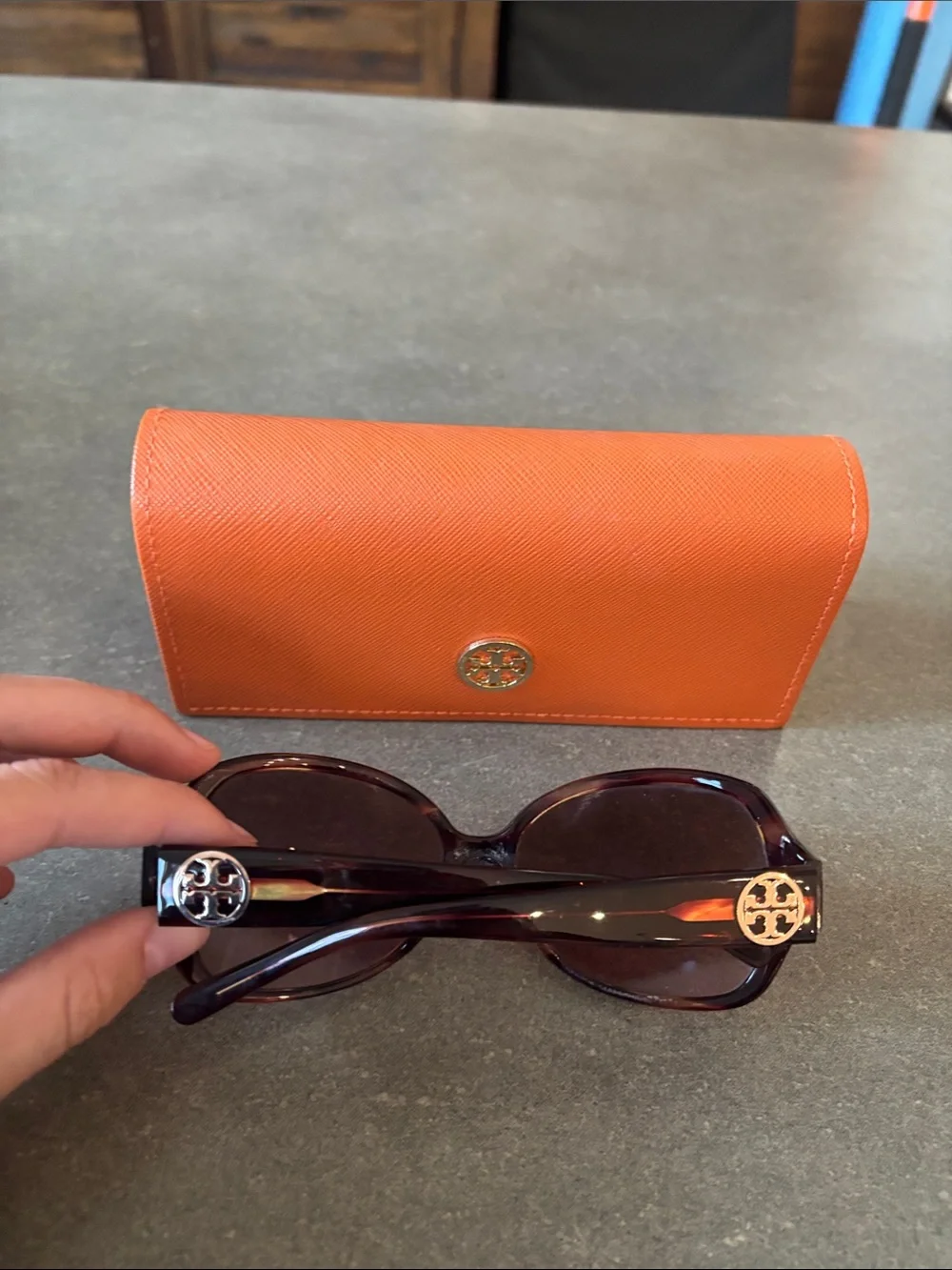 Tory Burch Orange Case with Burgundy Oversized Sunglasses